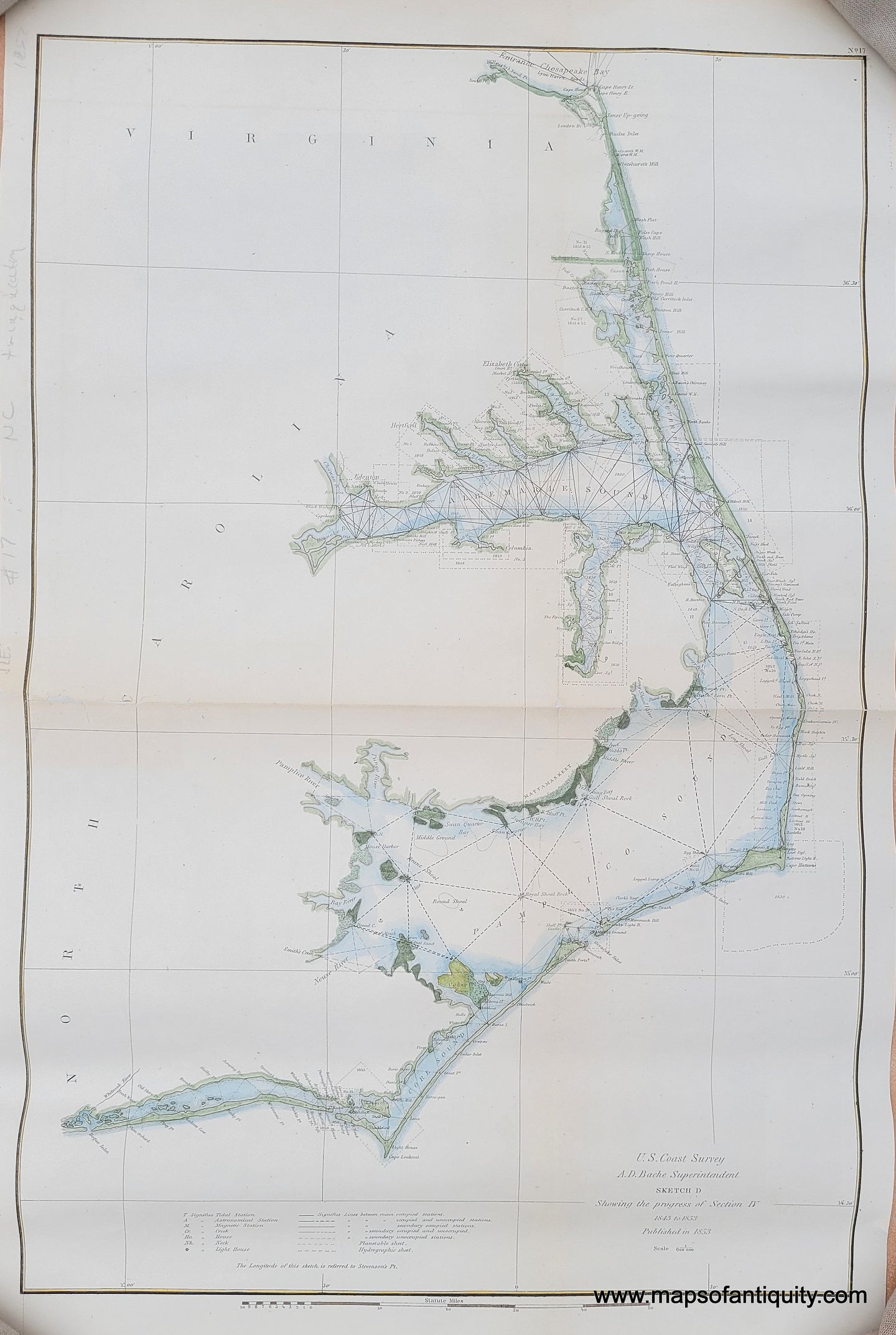 Antique-Hand-Colored-Coastal-Chart-Outer-Banks-North-Carolina-Pamlico-and-Albemarle-Sound-NC-Sketch-D-Section-IV-Triangulation-Chart--**********-United-States-South-1853-U.S.-Coast-Survey-Maps-Of-Antiquity