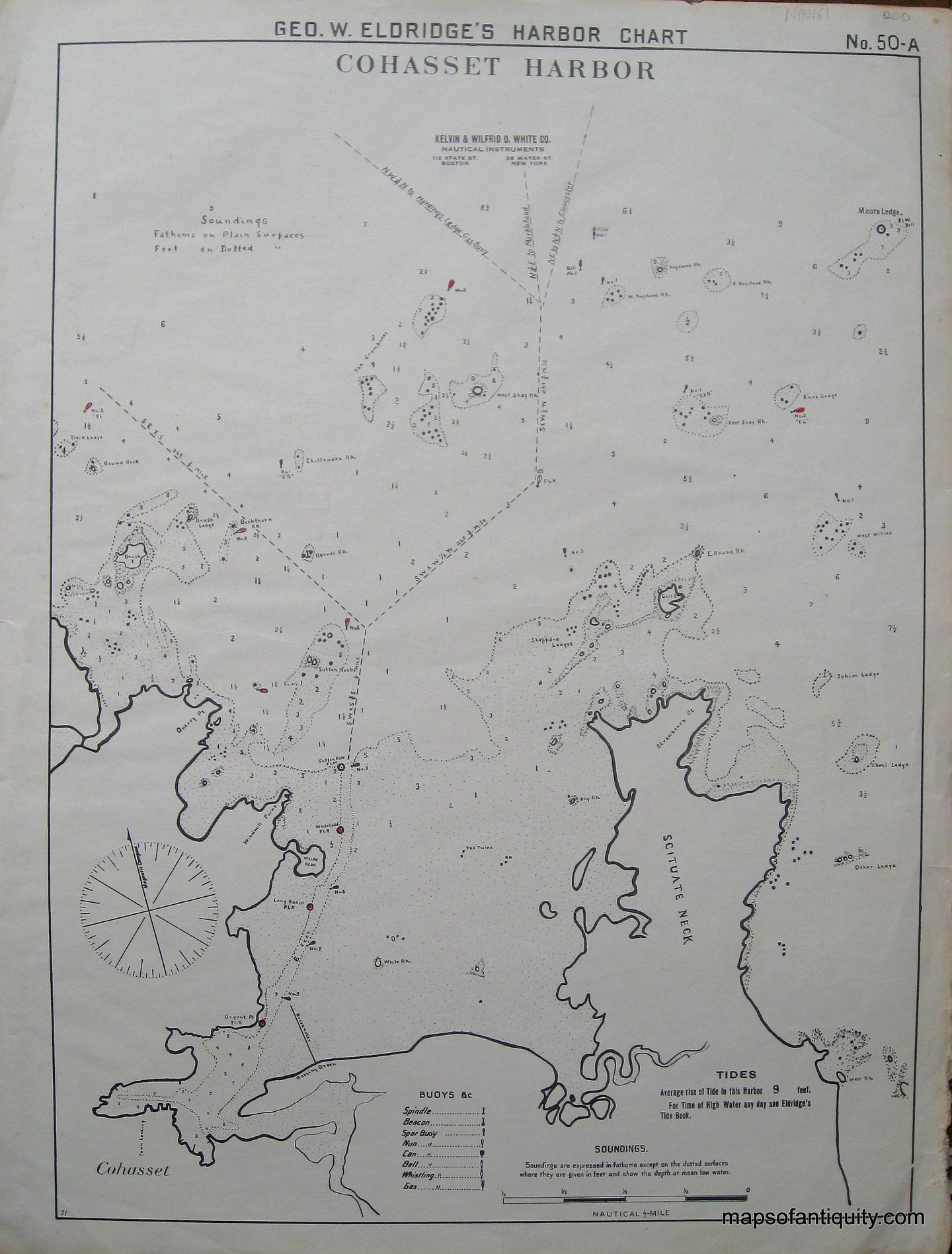 Black-and-White-Antique--Nautical-Chart-Cohasset-Harbor-United-States-Northeast-c.-1915-Eldridge-Maps-Of-Antiquity