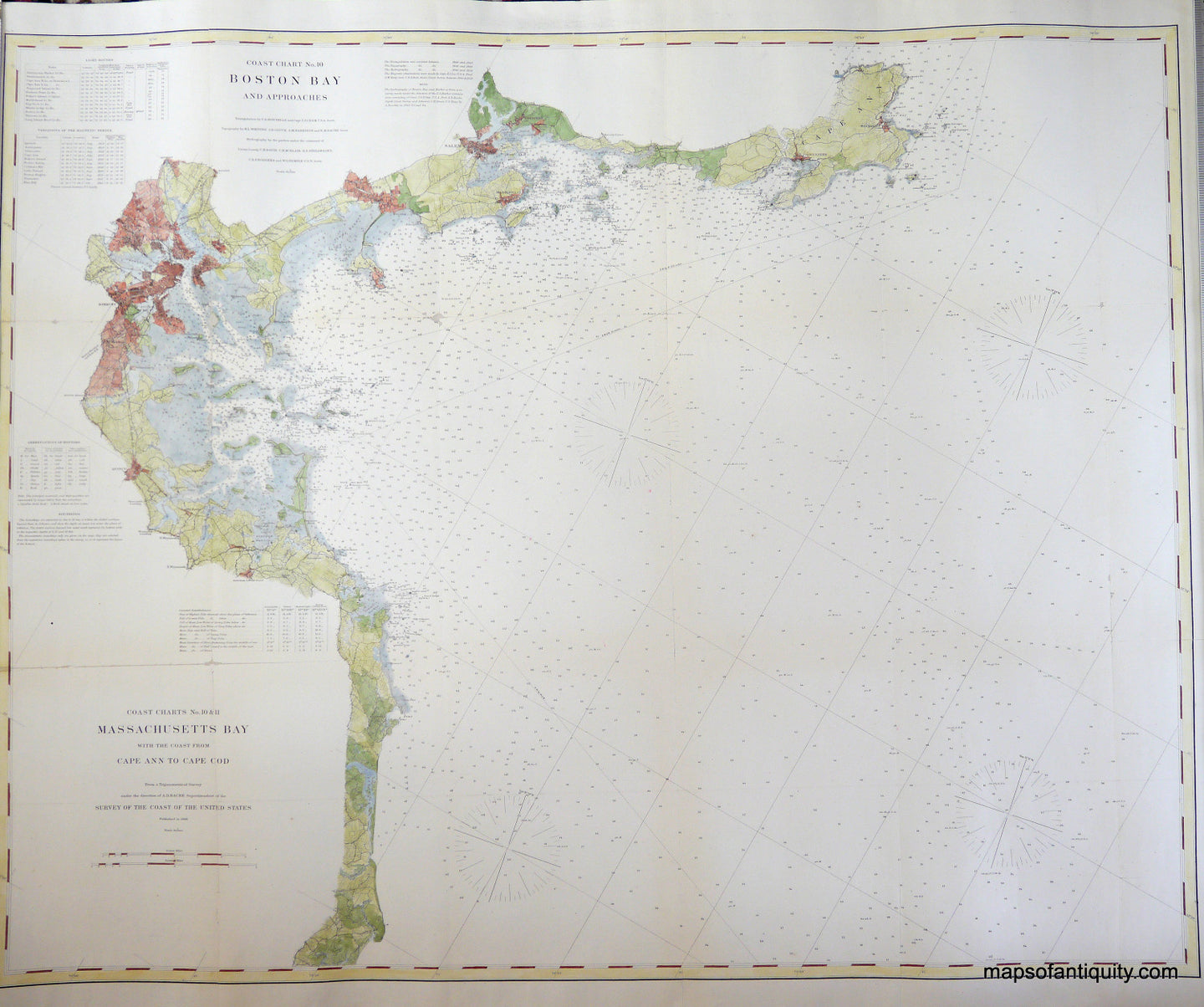 Hand-Colored-Antique-Coastal-Survey-Chart-Boston-Bay-and-Approaches-Chart-No.-10-Antique-Nautical-Charts-Boston-1872-U.S.-Coast-Survey-Maps-Of-Antiquity