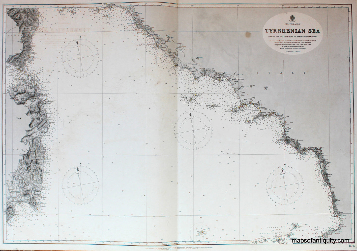 Black-and-White-Antique-Chart-Mediterranean---Italy-Corsica-Sardegna---Tyrrhenian-Sea-**UNAVAILABLE**-Italy--1895-British-Admiralty-Maps-Of-Antiquity