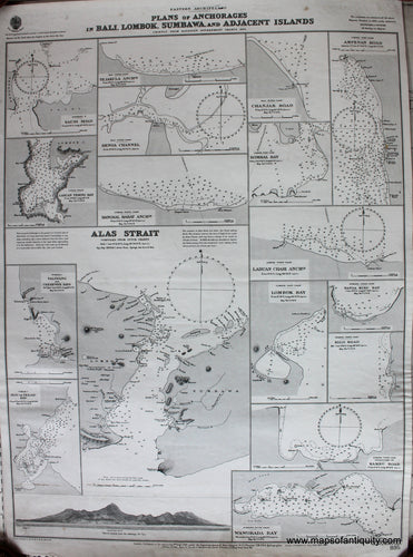 Black-and-White-Antique-Chart-Indonesia---Plans-of-Anchorages-in-Bali-Lombok-Sumbawa-and-Adjacent-Islands-**********-Pacific-Indonesia-1895-British-Admiralty-Maps-Of-Antiquity