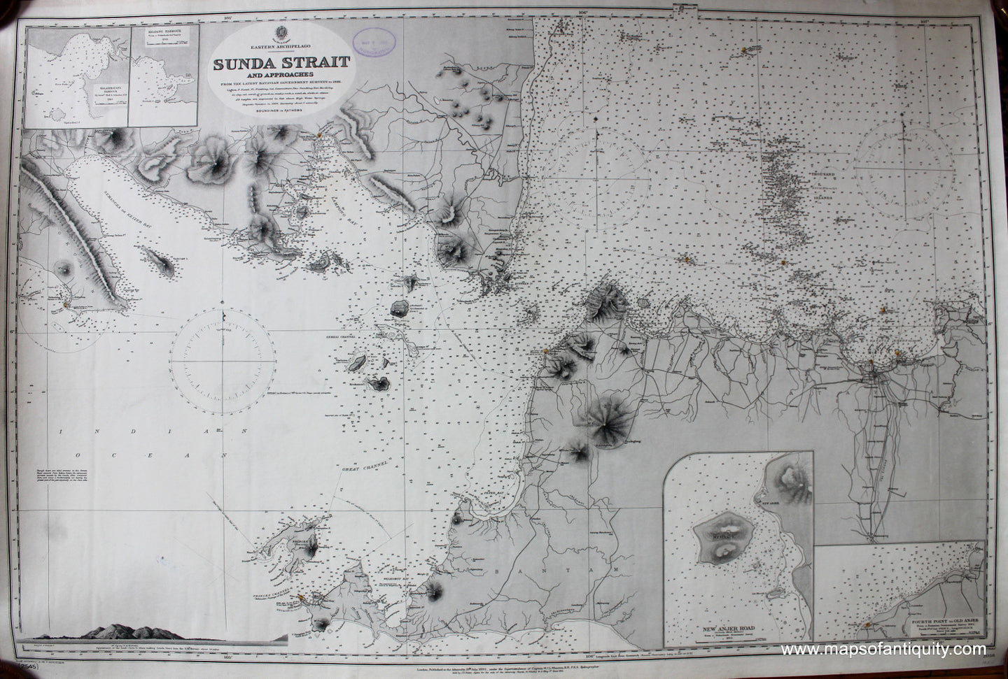 Black-and-White-Antique-Chart-Indonesia---Sunda-Strait-and-Approaches-**********-Pacific-Indonesia-1893-British-Admiralty-Maps-Of-Antiquity