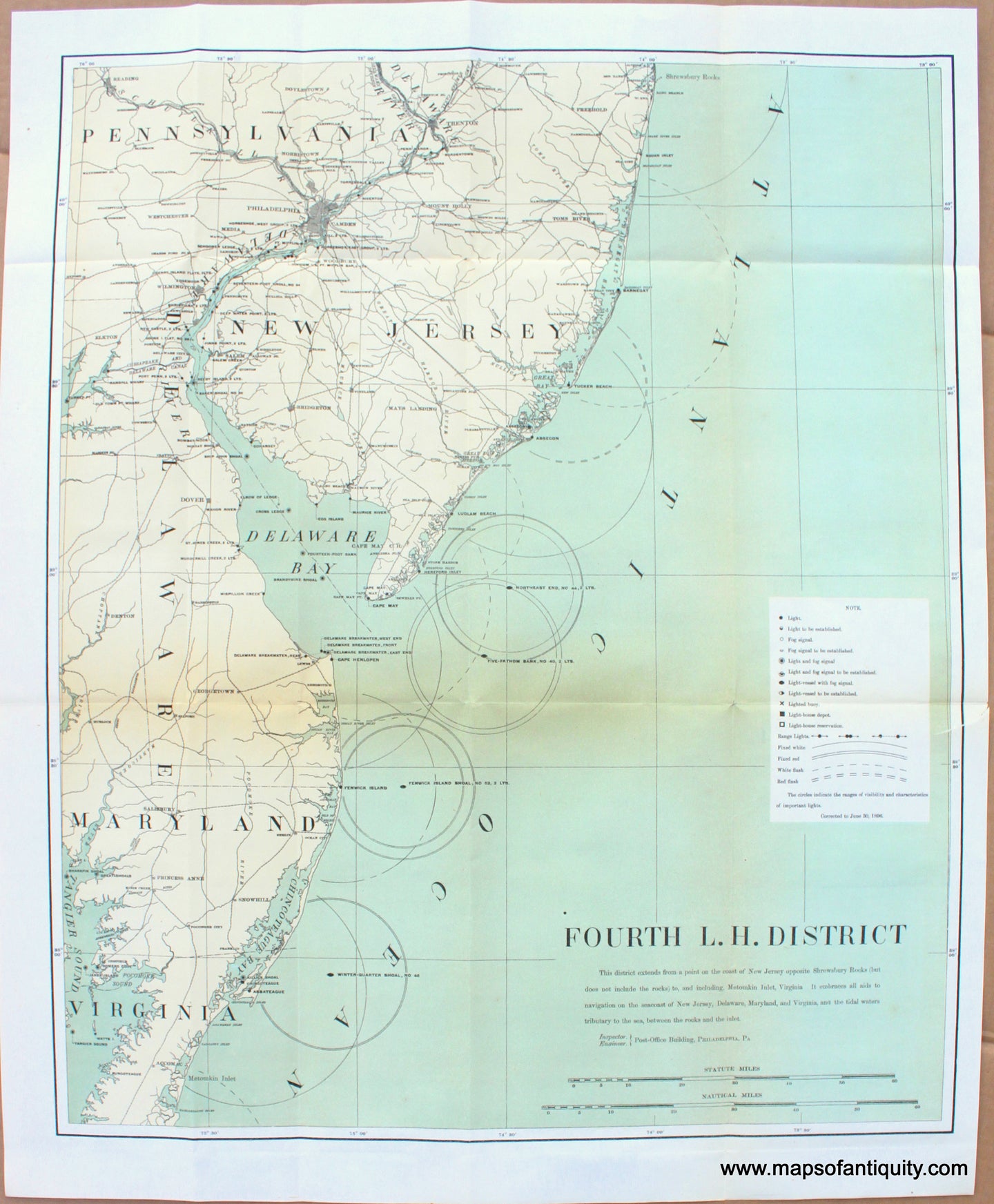 Printed-Color-Antique-Map-Lighthouses-of-the-Mid-Atlantic-Maryland-Delaware-New-Jersey-Pennsylvania-(larger-size)-United-States-West-1897-U.S.-Light-House-Service-Maps-Of-Antiquity