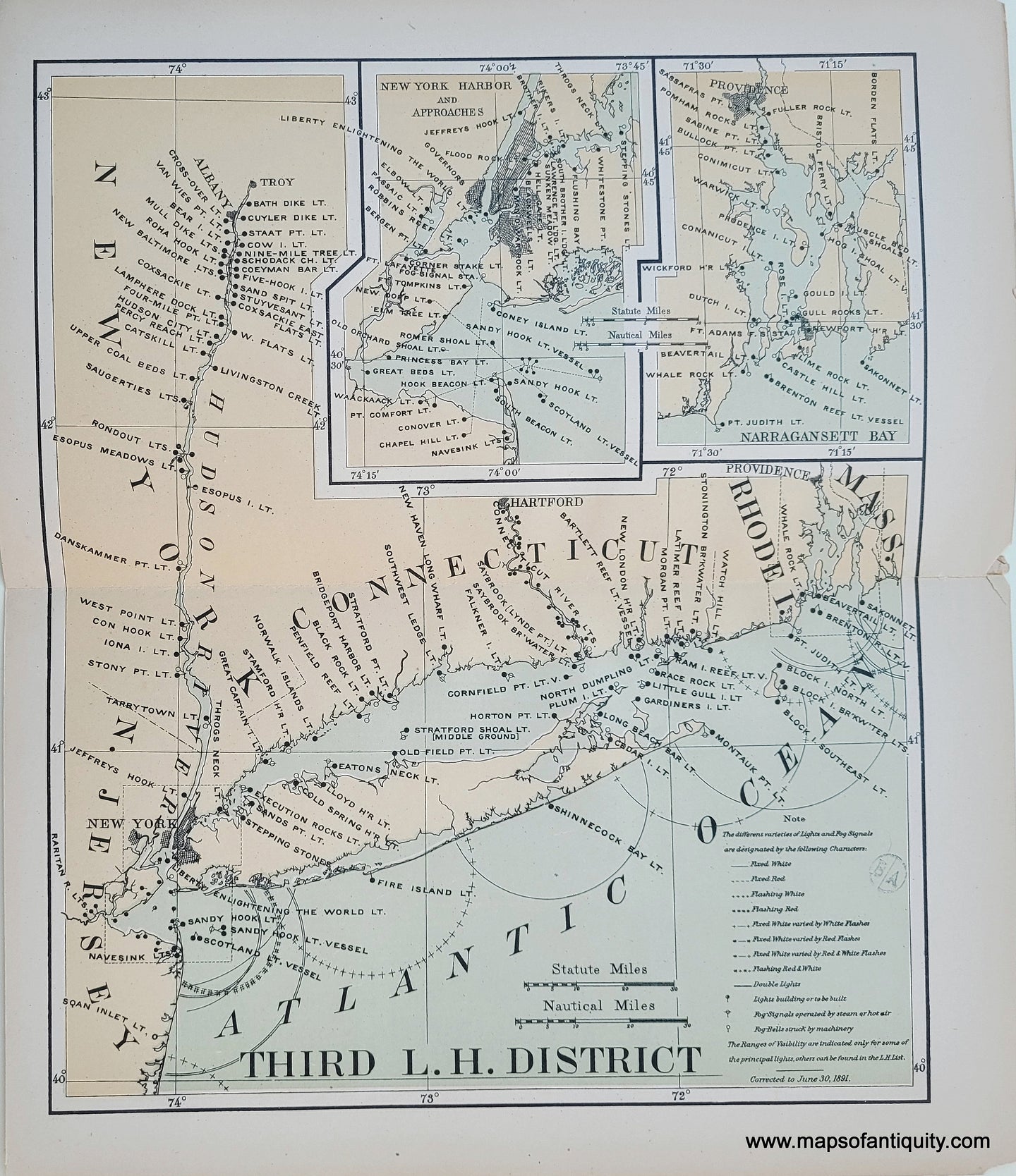 Antique-Chart-Map-Lighthouses-Light-Houses-Long-Island-New-York-Connecticut-Rhode-Island-Narragansett-Lighthouses-Antique-Map-light-house-chart-1891-1890s-19th-century
