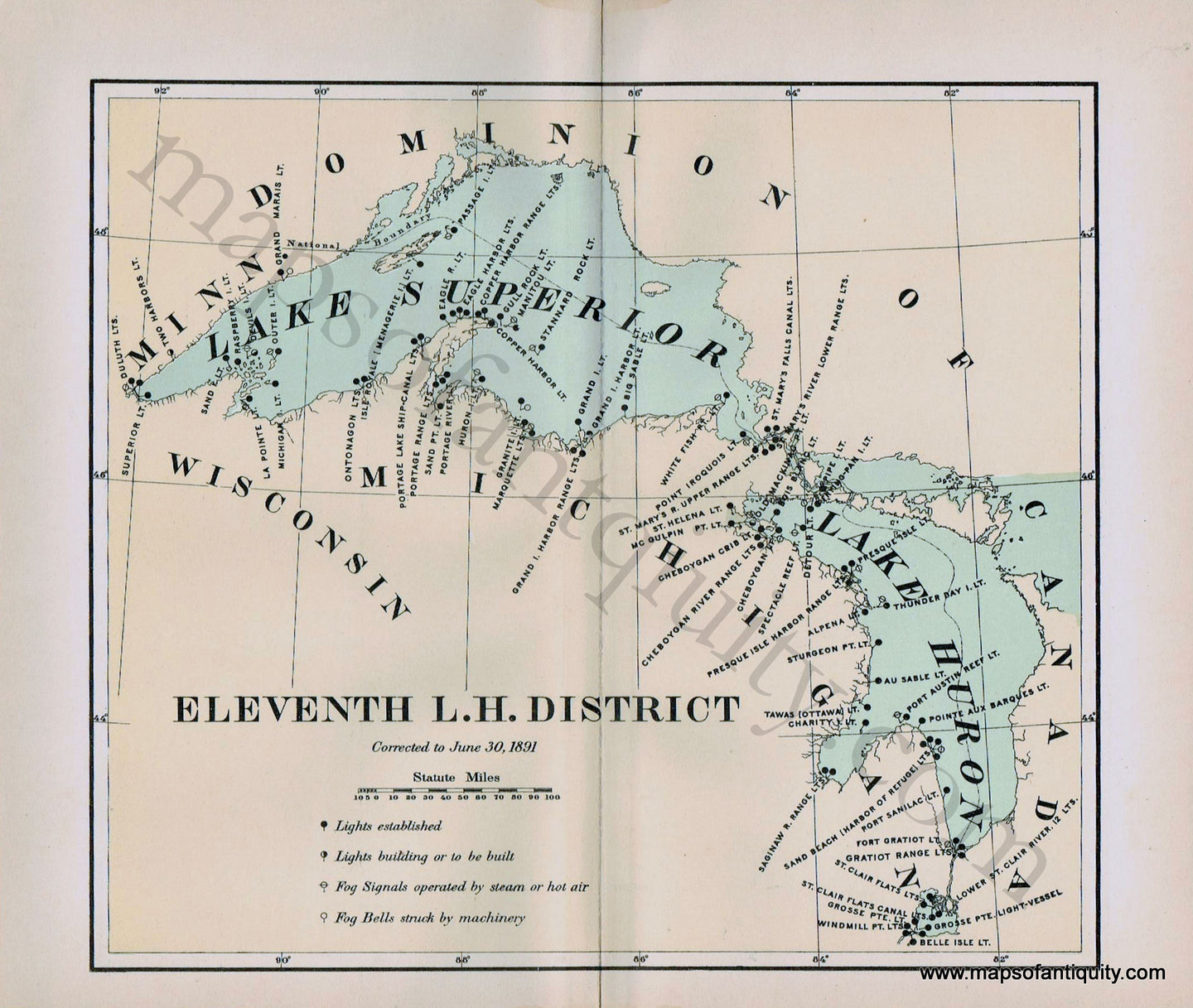 Antique-Map-Lighthouses-Lake-Superior-Lake-Huron-Lake-Michigan