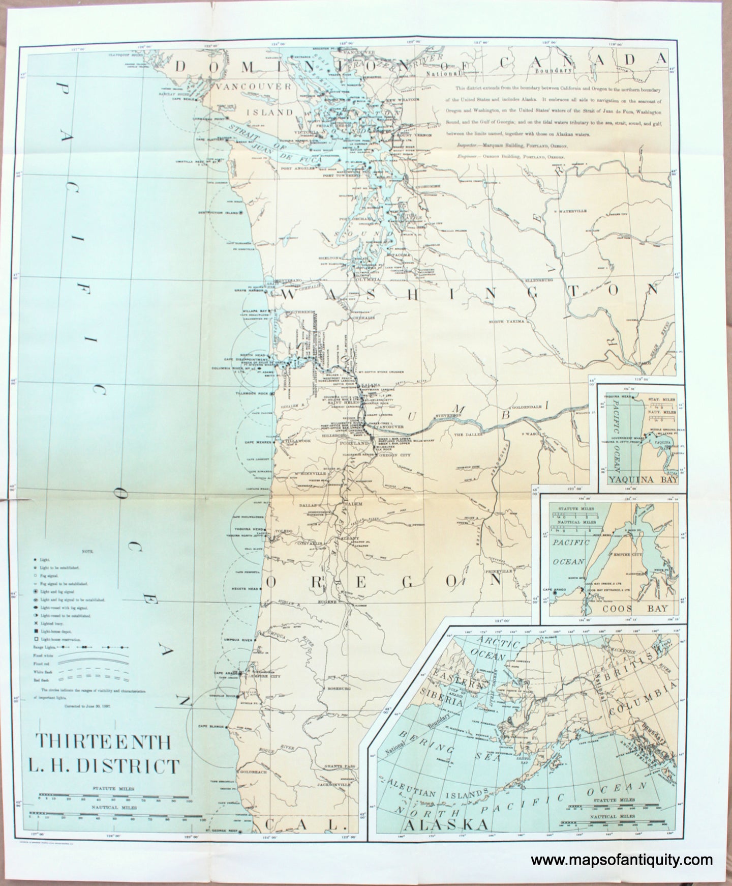Printed-Color-Antique-Map-Lighthouses-of-the-North-Pacific-(larger-size)-United-States-West-1897-U.S.-Light-House-Service-Maps-Of-Antiquity