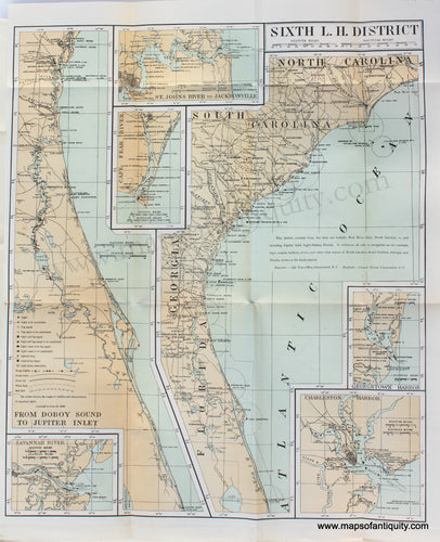 Printed-Color-Antique-Map-Lighthouses-of-the-Southern-Atlantic-(larger-size)-United-States-South-1909-U.S.-Light-House-Service-Maps-Of-Antiquity
