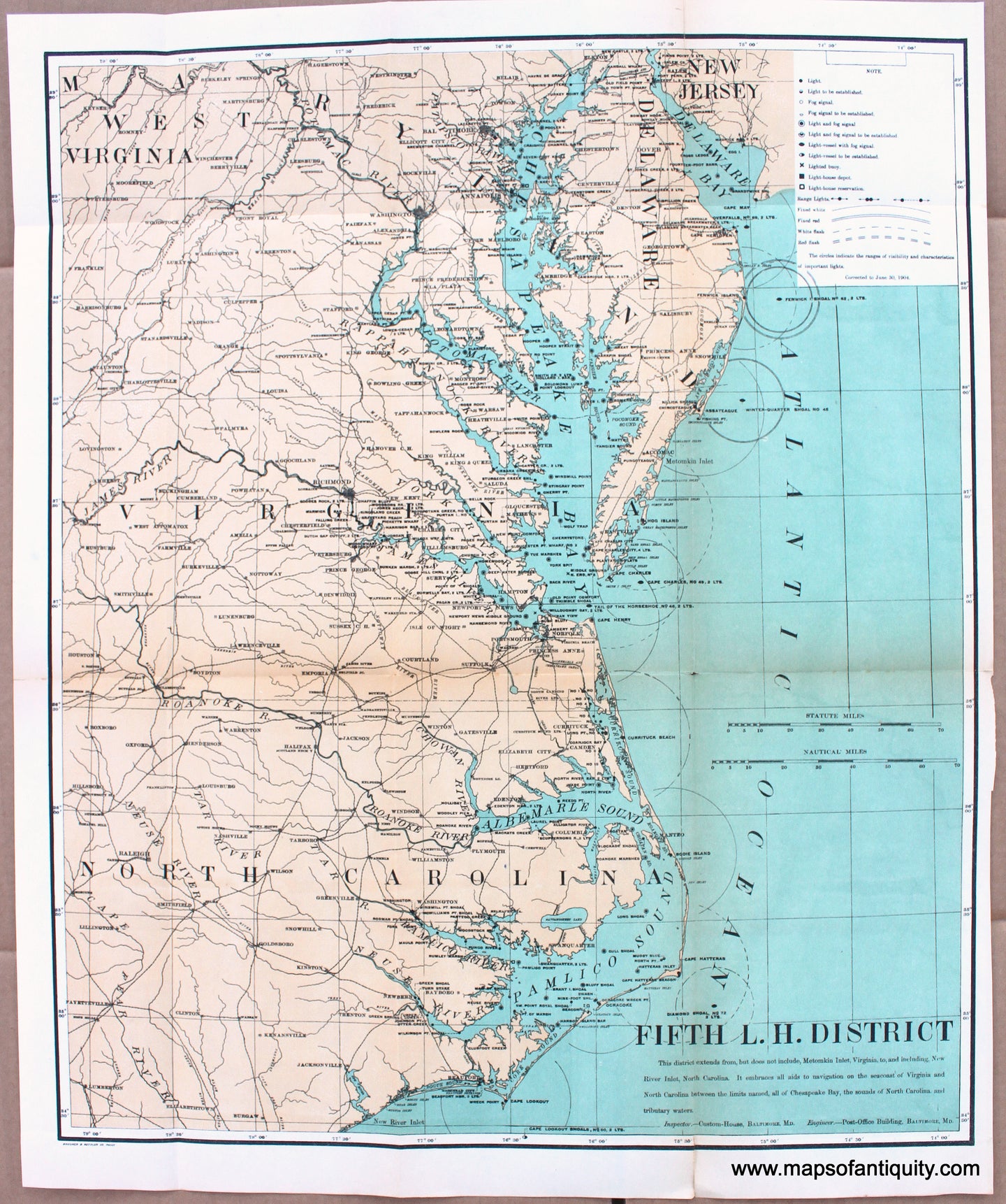 Antique-Map-Chart-Fifth-Lighthouse-Light-House-Atlantic-North-Carolina-Virginia-Maryland-Delaware-1896