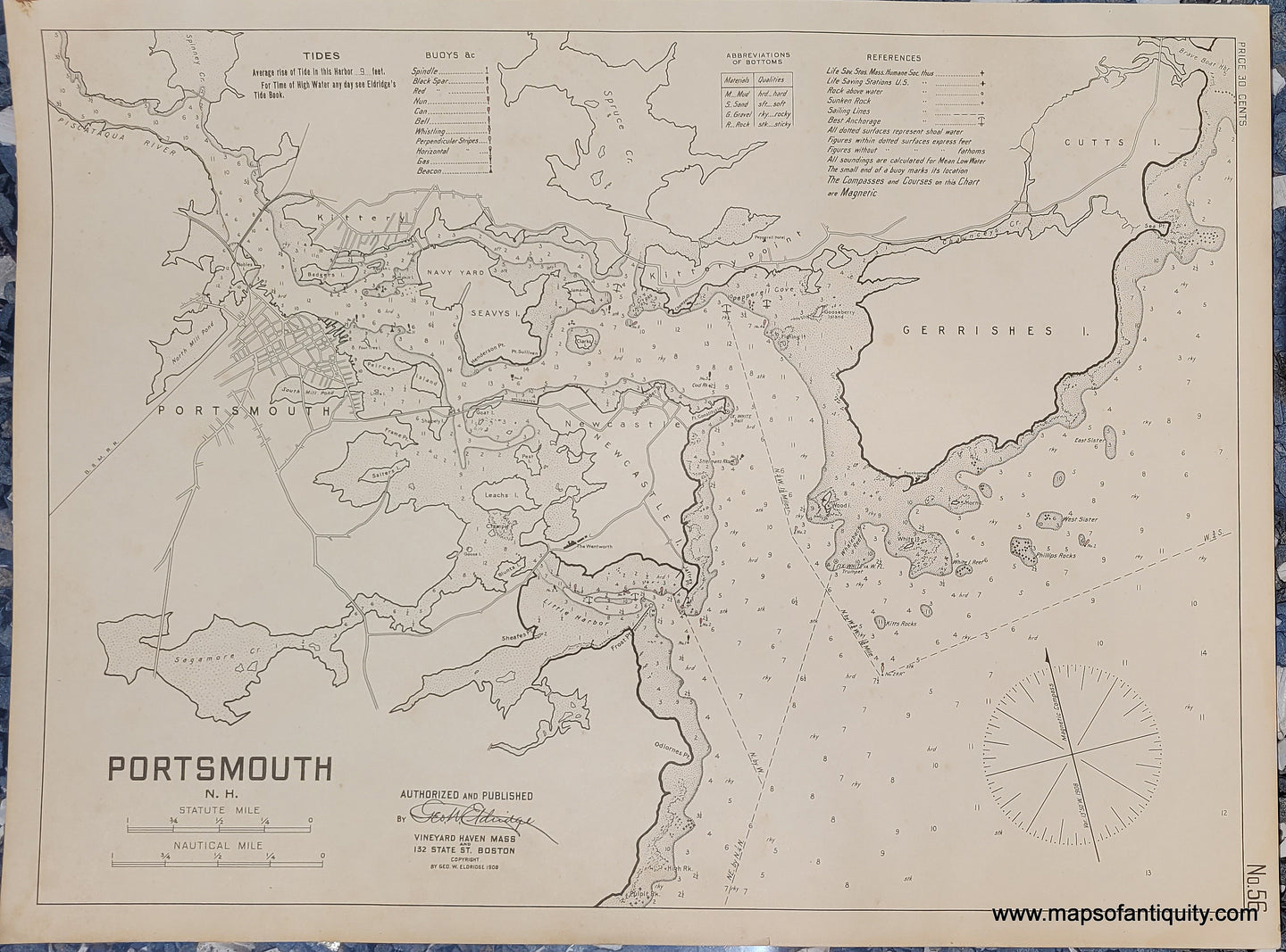 Black-and-White-Antique--Nautical-Chart-Portsmouth-NH-New-Hampshire-United-States-Northeast-1908-Eldridge-Maps-Of-Antiquity