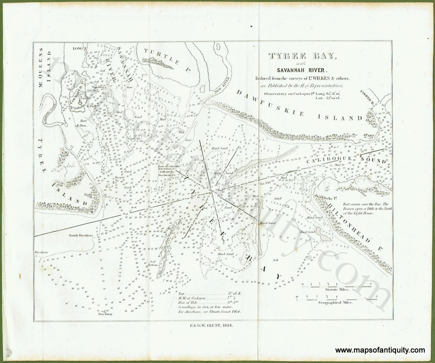 Antique-Uncolored-Harbor-Chart-Tybee-Bay-and-Savannah-River-Massachusetts--1854-Blunt-Maps-Of-Antiquity