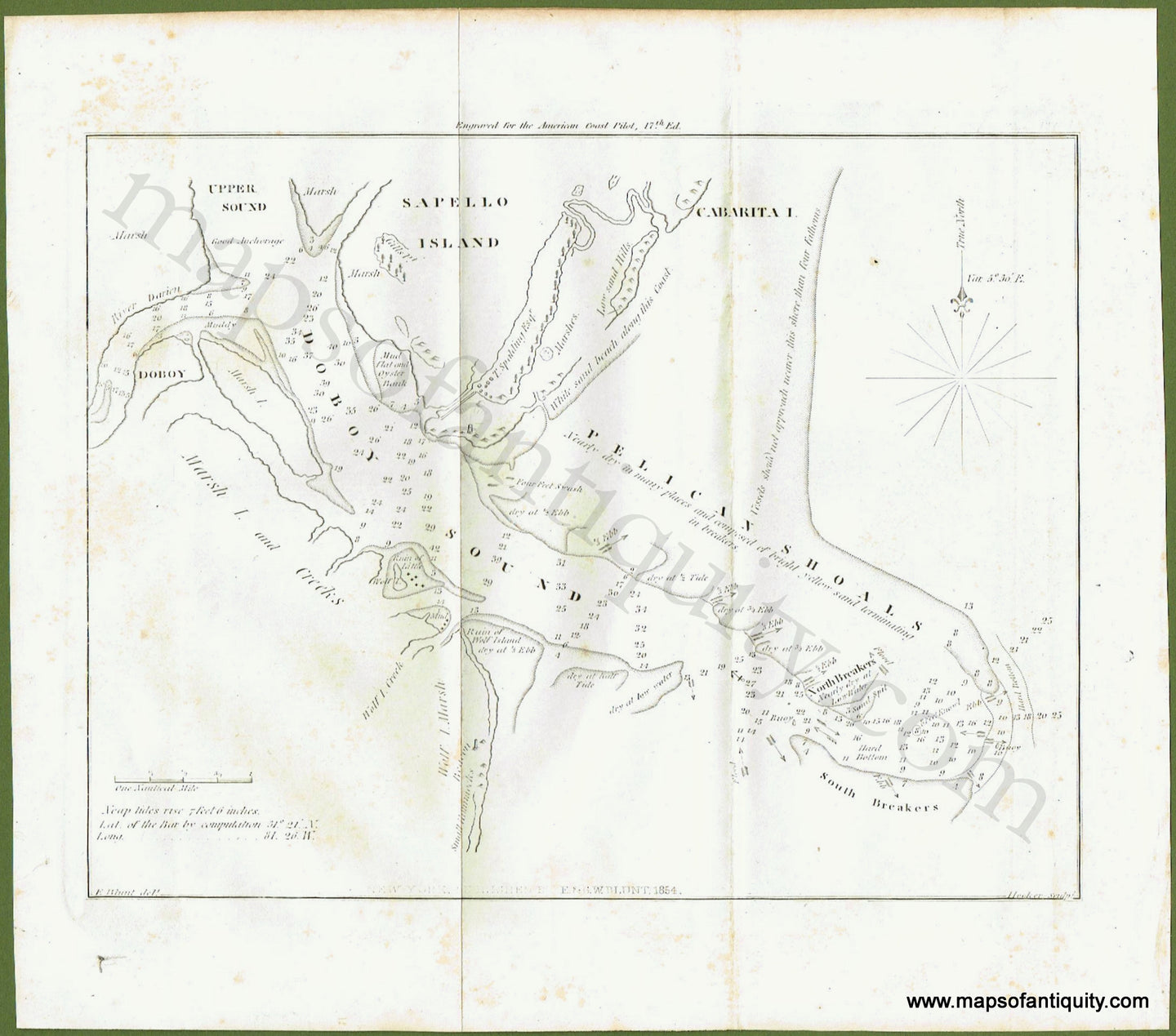 Antique-Uncolored-Harbor-Chart-Sapello-Island-Pelican-Shoals-Doboy-Sound-Massachusetts--1854-Blunt-Maps-Of-Antiquity