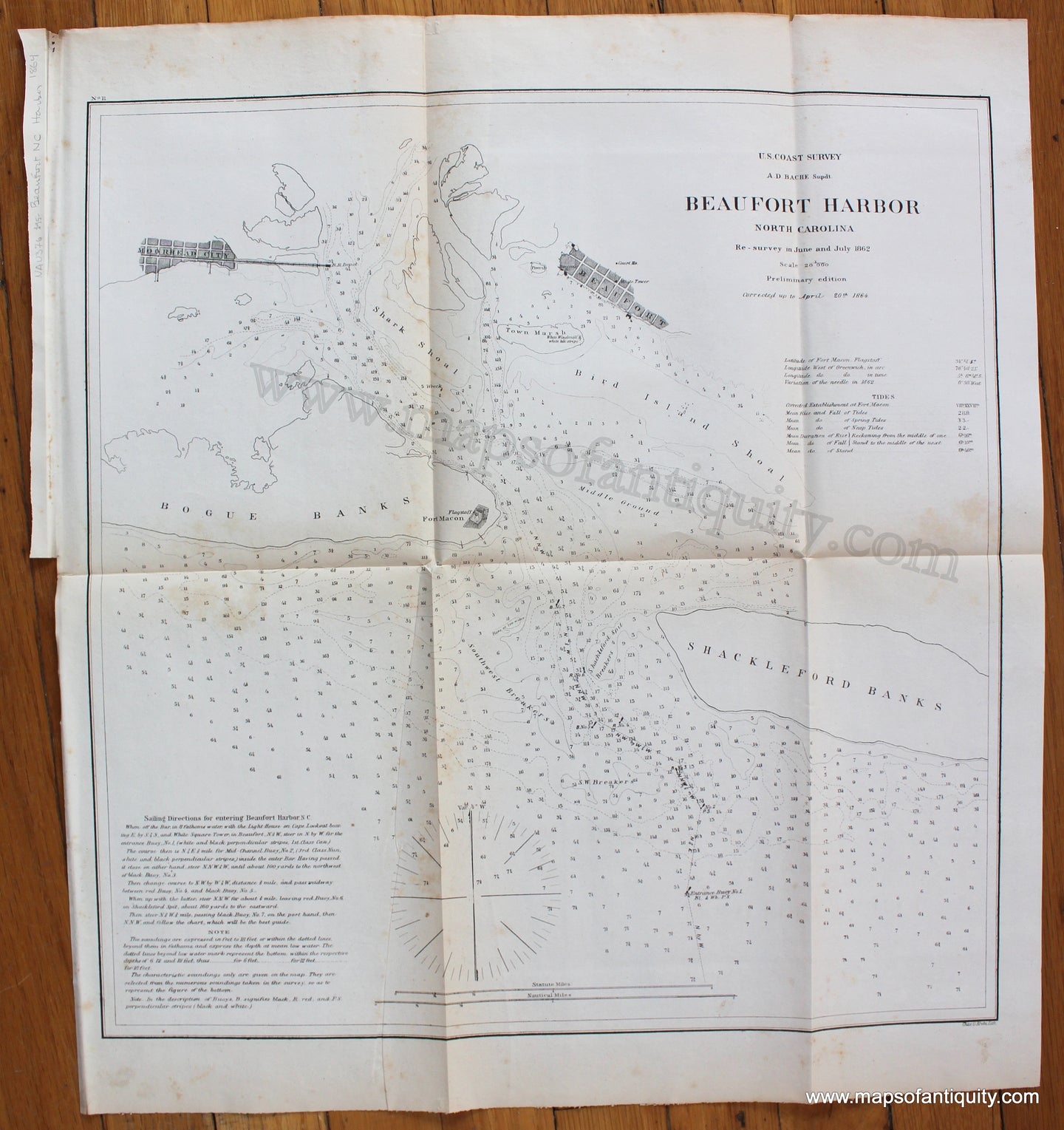 Antique-Coast-Survey-Chart-United-States-Beaufort-Harbor-North-Carolina-1864-USCS-North-Carolina-1800s-19th-century-Maps-of-Antiquity