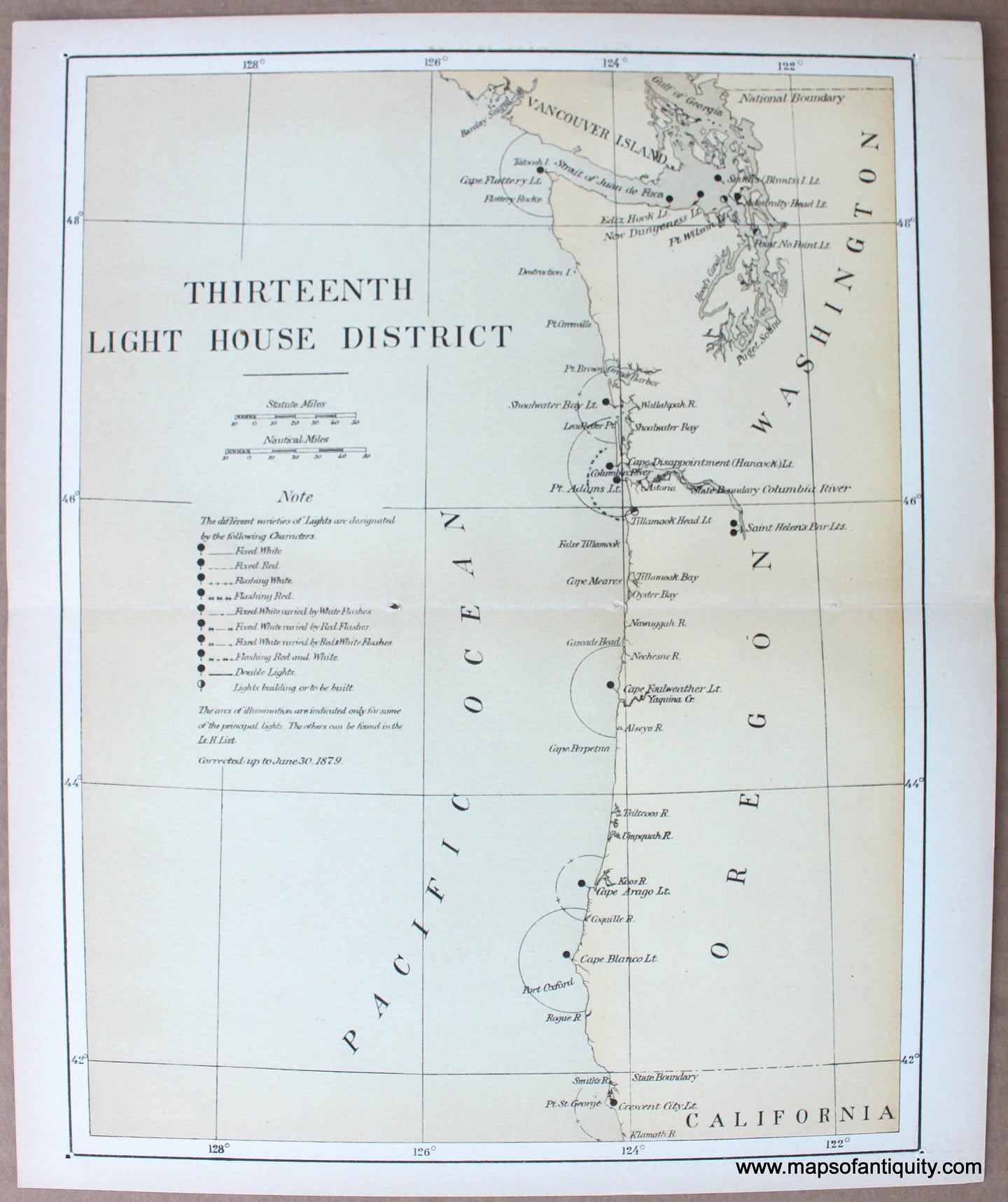 1879 - Lighthouses of the Northwest - Thirteenth L.H. District - Antique Chart