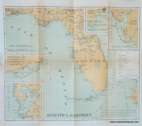 Genuine Antique Printed Color Map-Seventh L.H. District (Lighthouses of Florida)-1897-U.S. Light-House Service-Maps-Of-Antiquity-1800s-19th-century