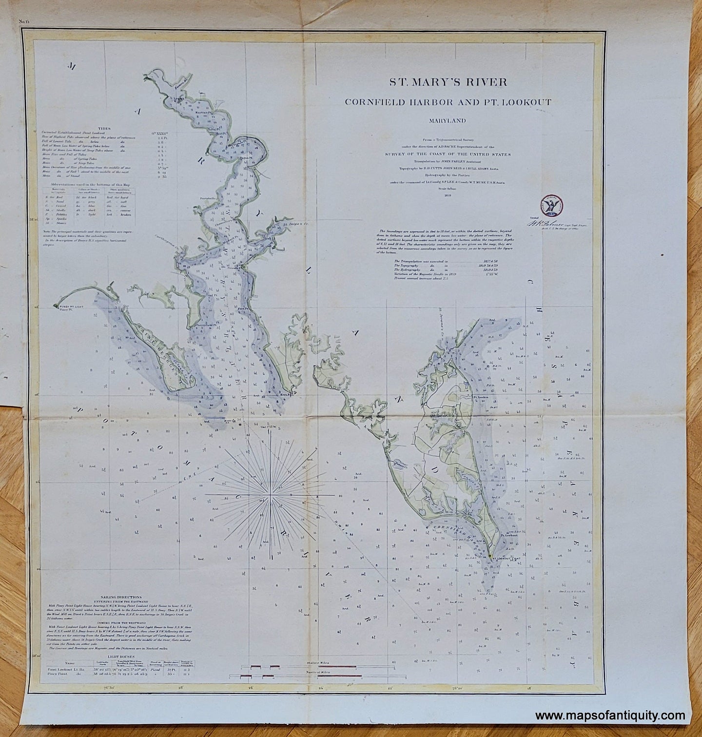 Genuine-Antique-Coast-Survey-Chart-St-Mary's-River,-Cornfield-Harbor-and-Pt.-Lookout,-Maryland-1859-US-Coast-Survey-Maps-Of-Antiquity