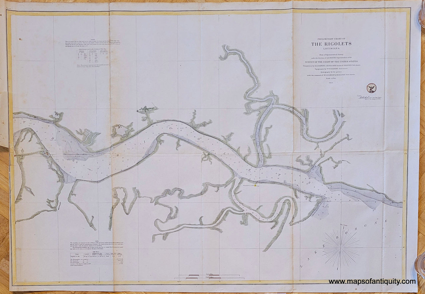 Genuine-Antique-Coast-Survey-Chart-Preliminary-Chart-of-the-Rigolets,-Louisiana-1859-US-Coast-Survey-Maps-Of-Antiquity
