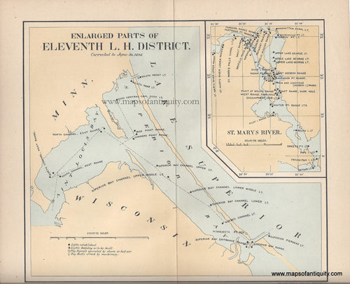 Genuine Antique Printed Color Map-Eleventh L.H. District (Part of Great Lakes Lighthouse Districts)-Lake-Superior-Lake-Huron- -1896-U.S. Light-House Service-Maps-Of-Antiquity-1800s-19th-century