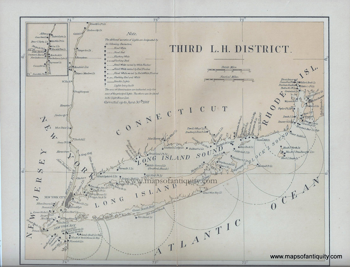 Long-Island-New-York-Connecticut-Rhode-Island-Narragansett-Lighthouses-Antique-Map-light-house-chart-1881-1880s-19th-century