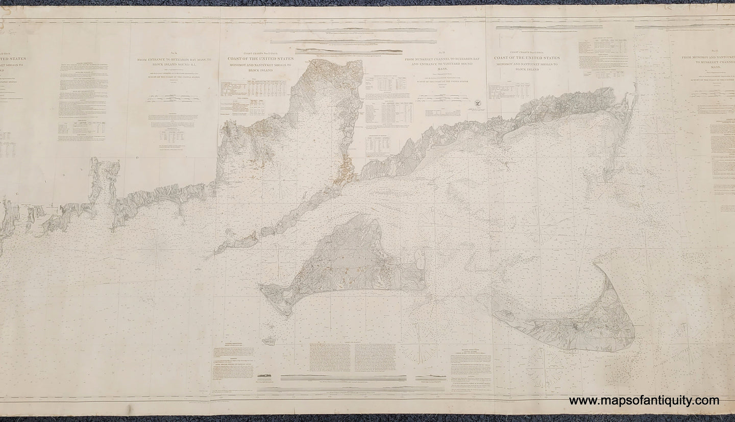 Genuine-Antique-Coastal-Chart-Coast-Charts-Nos-12-13-14-Coast-of-the-United-States-Monomoy-and-Nantucket-Shoals-to-Block-Island-1860-U-S-Coast-Survey-Maps-Of-Antiquity