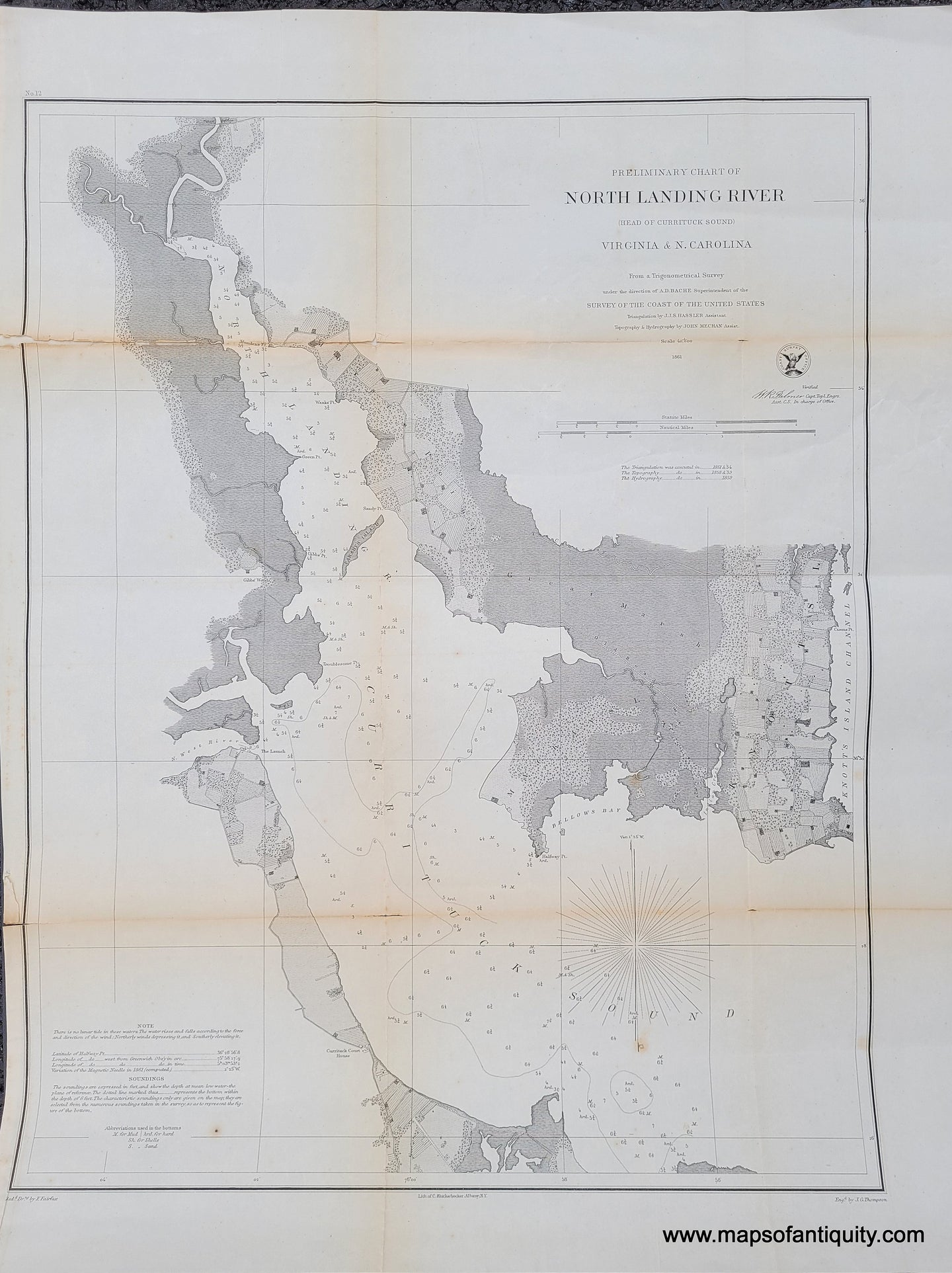 Genuine-Antique-Coast-Chart-Preliminary-Chart-of-North-Landing-River-Head-of-Currituck-Sound-1861-U-S-Coast-Survey-Maps-Of-Antiquity
