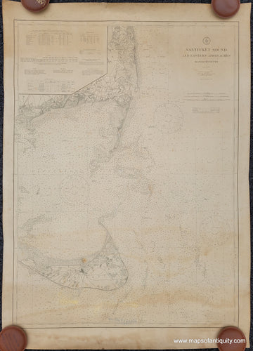 Antique nautical sailing chart of Nantucket and Chatham Massachusetts from 1910 with depths and navigation information uncolored. Maps of Antiquity