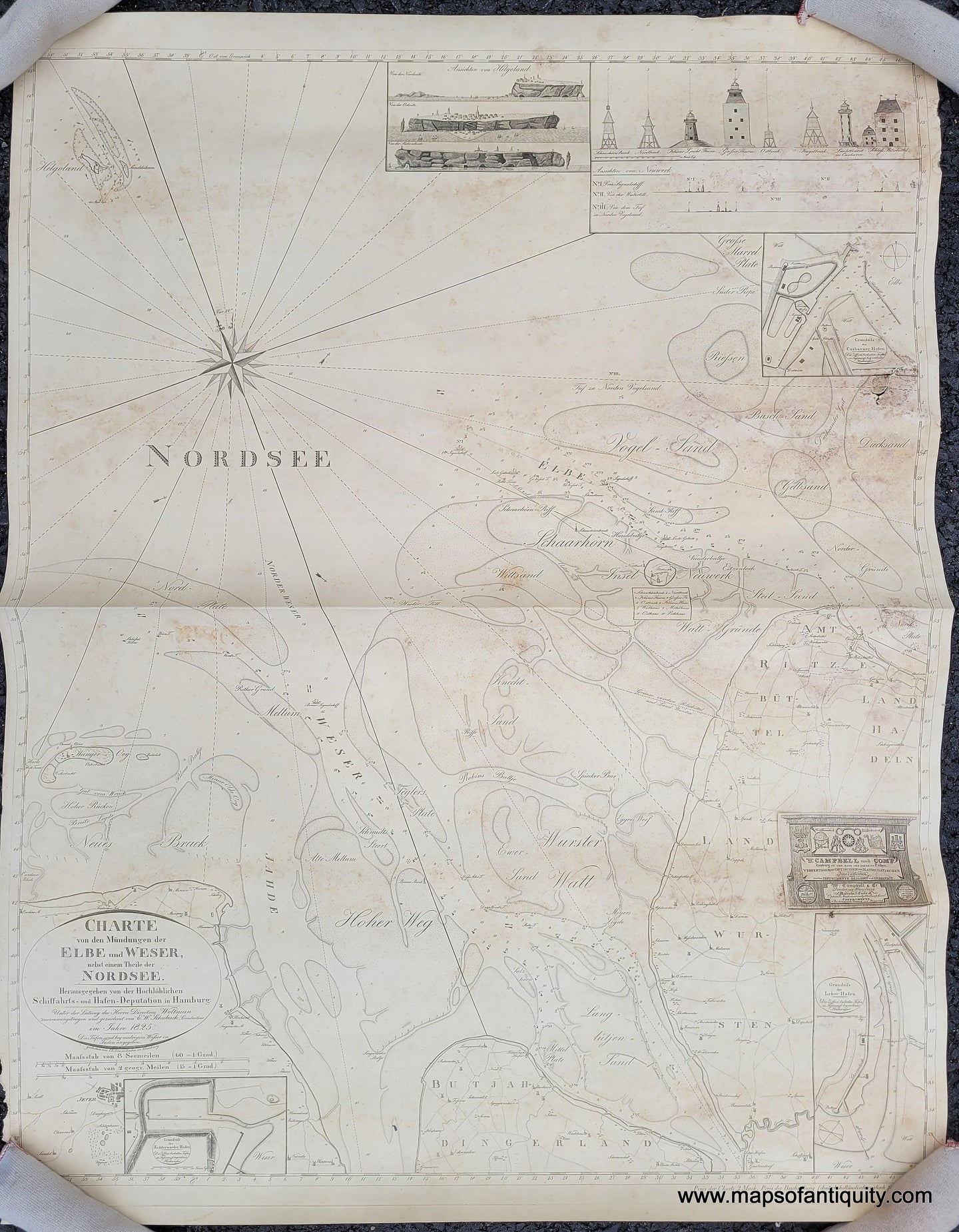 Genuine-Antique-Nautical-Chart-Chart-of-the-mouths-of-the-Elbe-and-Weser-Rivers-with-a-part-of-the-North-Sea---Charte-von-den-Mundungen-der-Elbe-und-Weser-nebst-einem-Theileder-Nordsee-1825-Schiffarts-and-Halfen-Deputation-Maps-Of-Antiquity