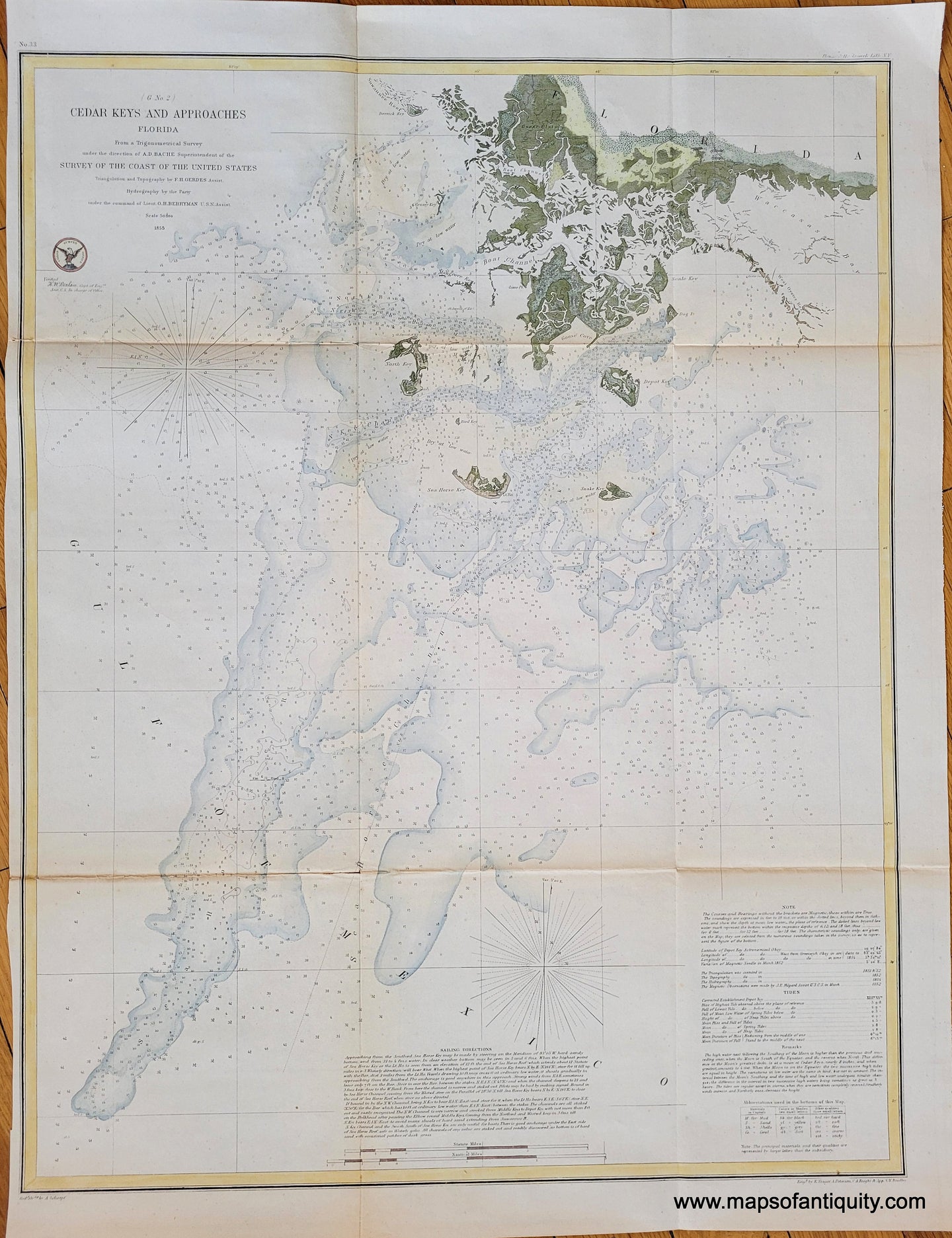 Antique-Coast-Chart-Cedar-Keys-Sailing-Nautical-Approaches-Florida--1855-US-Coast-Survey-Maps-Of-Antiquity