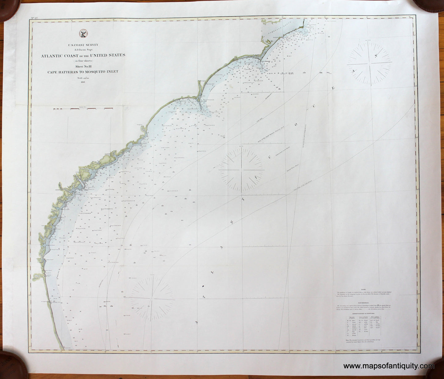 Genuine-Antique-Survey-Chart-Atlantic-Coast-of-the-United-States-in-four-sheets-Sheet-No-3-Cape-Hatteras-to-Mosquito-Inlet-1863-US-Coast-Survey-Maps-Of-Antiquity
