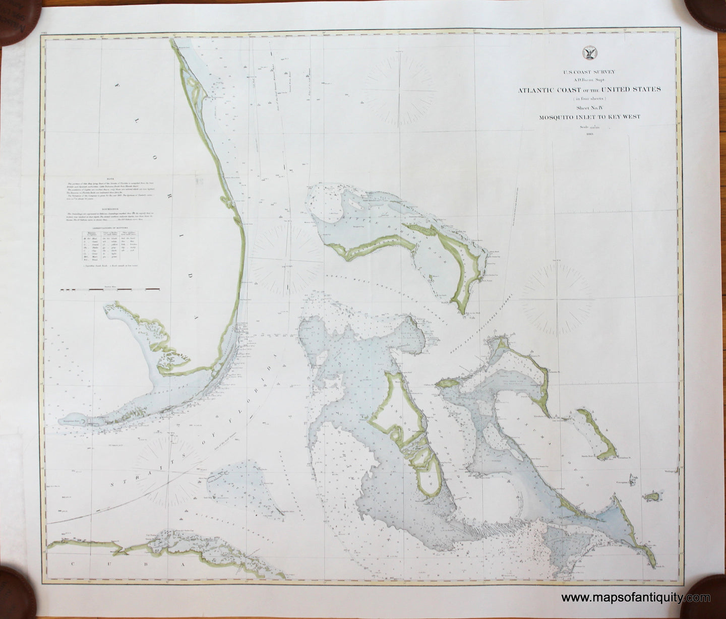 Genuine-Antique-Survey-Chart-Atlantic-Coast-of-the-United-States-in-four-sheets-Sheet-No-4-Mosquito-Inlet-to-Key-West-1863-US-Coast-Survey-Maps-Of-Antiquity