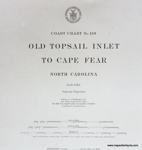 Genuine-Antique-Nautical-Chart-Old-Topsail-Inlet-to-Cape-Fear-1909-U-S-Coast-and-Geodetic-Survey--Maps-Of-Antiquity