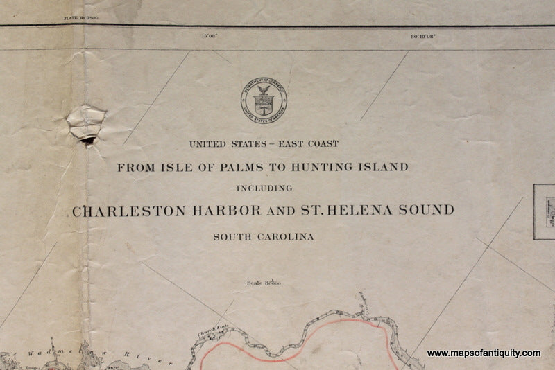 Genuine-Antique-Nautical-Chart-From-Isle-of-Palms-to-Hunting-Island-including-Charleston-Harbor-and-St-Helena-Sound--1914-U-S-Coast-and-Geodetic-Survey---Maps-Of-Antiquity