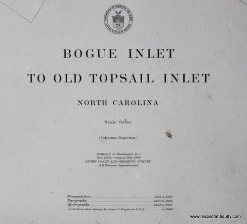 Genuine-Antique-Nautical-Chart-Bogue-Inlet-to-Old-Topsail-Inlet-1908-U-S-Coast-and-Geodetic-Survey---Maps-Of-Antiquity