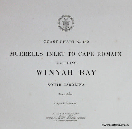 Genuine-Antique-Nautical-Chart-Murrells-Inlet-to-Cape-Romain-including-Winyah-Bay--1909-U-S-Coast-and-Geodetic-Survey--Maps-Of-Antiquity