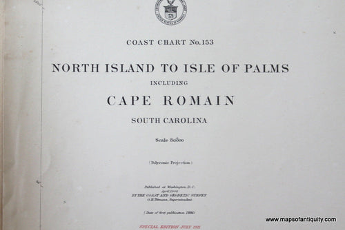 Genuine-Antique-Nautical-Chart-North-Island-to-Isle-of-Palms-including-Cape-Romain--1911-U-S-Coast-and-Geodetic-Survey--Maps-Of-Antiquity