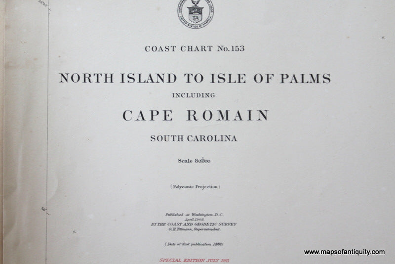 Genuine-Antique-Nautical-Chart-North-Island-to-Isle-of-Palms-including-Cape-Romain--1911-U-S-Coast-and-Geodetic-Survey--Maps-Of-Antiquity