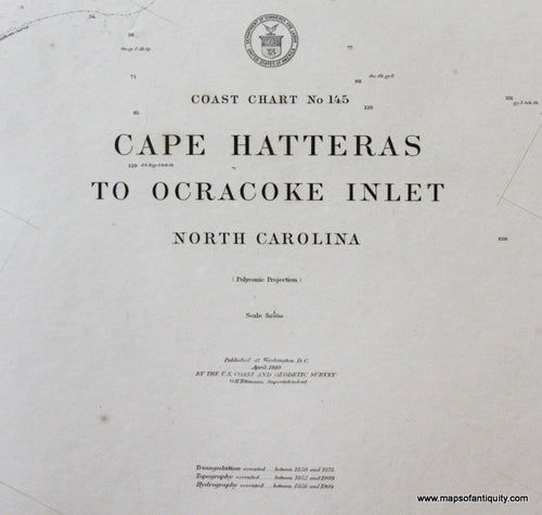 Genuine-Antique-Nautical-Chart-Cape-Hatteras-to-Ocracoke-Inlet-1910-U-S-Coast-and-Geodetic-Survey--Maps-Of-Antiquity