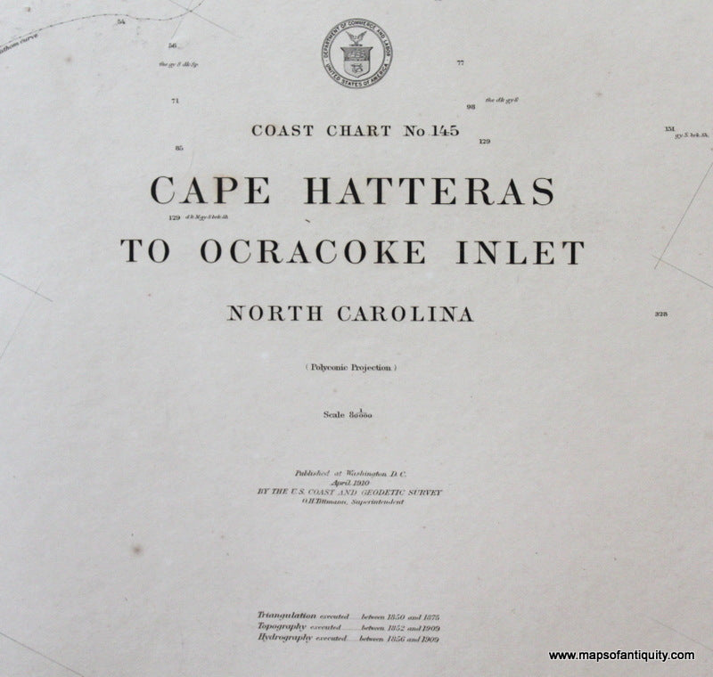 Genuine-Antique-Nautical-Chart-Cape-Hatteras-to-Ocracoke-Inlet-1910-U-S-Coast-and-Geodetic-Survey--Maps-Of-Antiquity