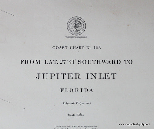 Genuine-Antique-Nautical-Chart-From-latitude-27-41-Southward-to-Jupiter-Inlet--1911-U-S-Coast-and-Geodetic-Survey--Maps-Of-Antiquity