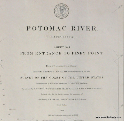 Genuine-Antique-Nautical-Chart-Potomac-River-Sheet-1--From-Entrance-to-Piney-Point-1883-U-S-Coast-Survey--Maps-Of-Antiquity