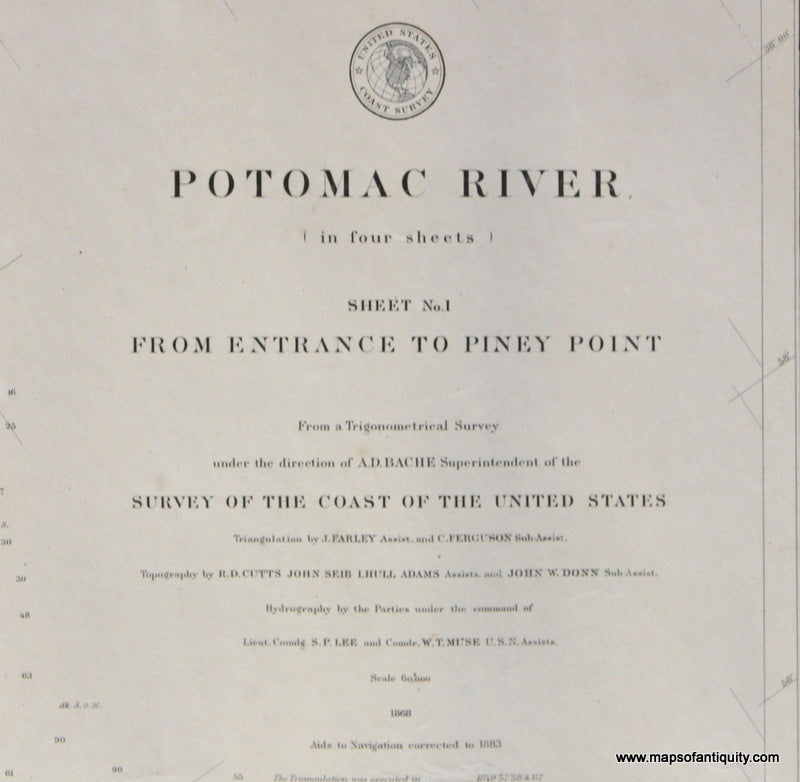 Genuine-Antique-Nautical-Chart-Potomac-River-Sheet-1--From-Entrance-to-Piney-Point-1883-U-S-Coast-Survey--Maps-Of-Antiquity
