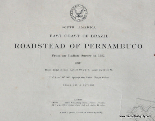 Genuine-Antique-Nautical-Chart-East-Coast-of-Brazil-Roadstead-of-Pernambuco-1887-Department-of-the-Navy-Bureau-of-Equipment--Maps-Of-Antiquity