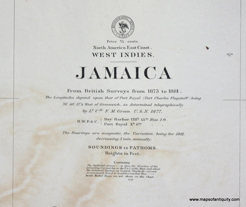 Genuine-Antique-Nautical-Chart-Jamaica--1877-U-S-Navy-Hydrographic-Office-Maps-Of-Antiquity