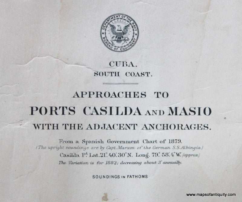 Genuine-Antique-Nautical-Chart-Cuba-South-Coast-Approaches-to-Ports-Casilda-and-Masio-with-the-adjacent-anchorages--1882-U-S-Navy-Hydrographic-Office-Maps-Of-Antiquity