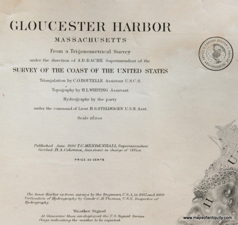 Genuine-Antique-Nautical-Chart-Gloucester-Harbor-1889-U-S-Coast-Survey--Maps-Of-Antiquity
