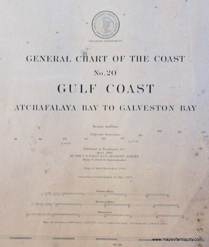 Genuine-Antique-Nautical-Chart-Gulf-Coast-Atchafalaya-Bay-to-Galveston-Bay--1905-U-S-Coast-and-Geodetic-Survey--Maps-Of-Antiquity