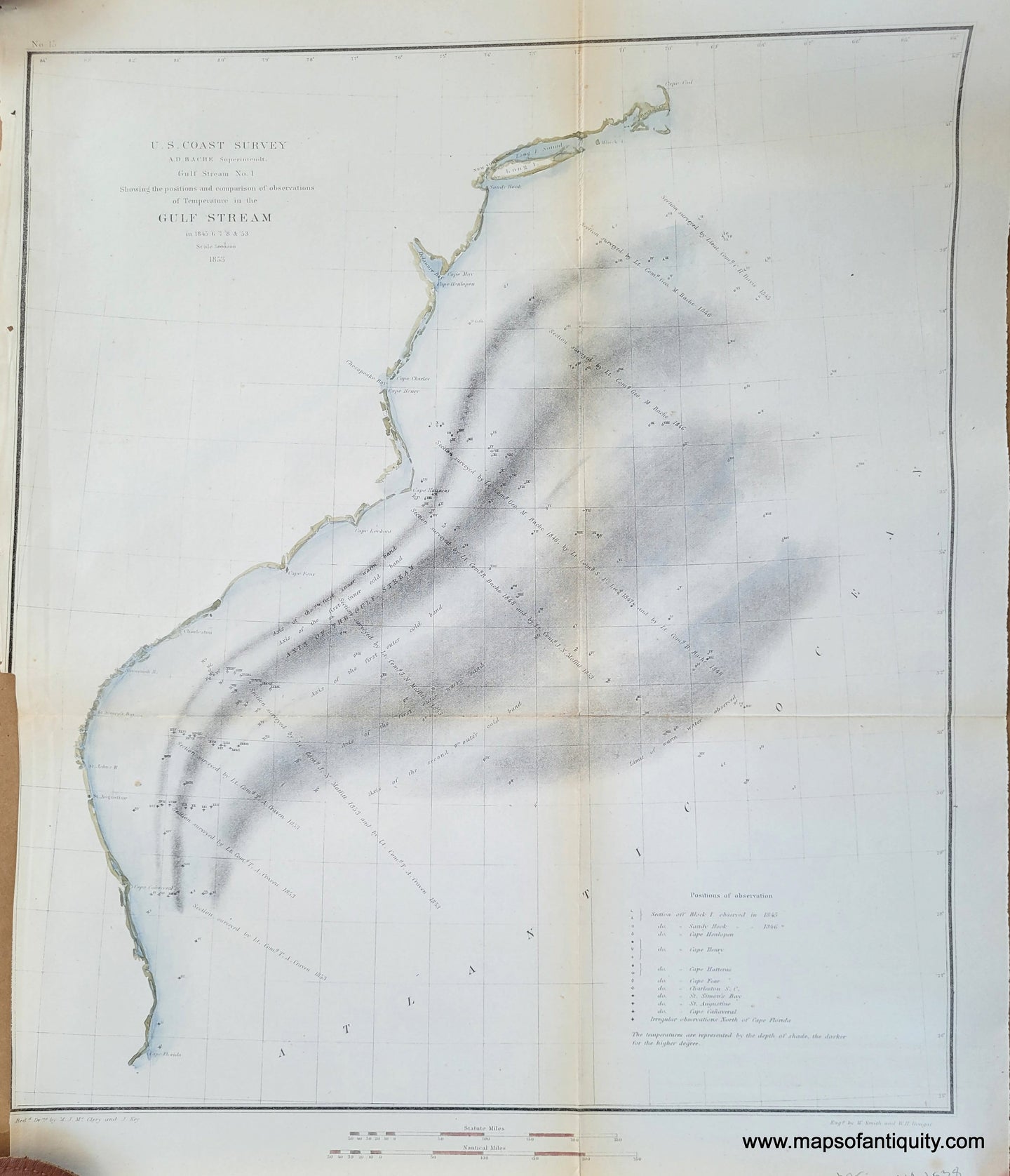 Genuine-Antique-Chart-Gulf-Stream-No-1-Temperature-in-the-Gulf-Stream-in-1845-6-7-8-&-53-US-Northeast-Charts-US-Other-Charts-US-South-Charts--1853-US-Coast-Survey-Maps-Of-Antiquity-1800s-19th-century