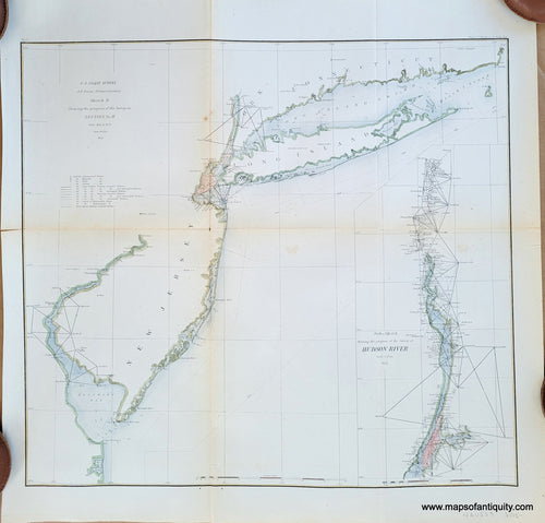 Genuine-Antique-Chart-Northeast-Coast---Sketch-B-Showing-the-Progress-of-the-Survey-in-Section-II-New-Jersey-Long-Island-Report--1855-US-Coast-Survey-Maps-Of-Antiquity-1800s-19th-century