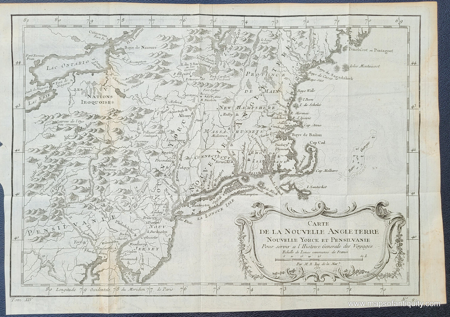 Antique-Map-Massachusetts-Maine-New-Hampshire-Connecticut-Rhode-Island-New-York-New-Jersey-Pennsylvania-Carte-de-la-Nouvelle-Angleterre-Nouvelle-Yorck-et-Pensilvanie.-Pour-servir-a-l'Histoire-Generale-des-Voyages-1757-Bellin-Maps-of-Antiquity