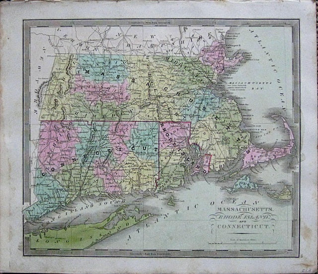 Antique-Hand-Colored-Map-Massachusetts-Rhode-Island-&-Connecticut.-United-States-New-England-1842-Jeremiah-Greenleaf-Maps-Of-Antiquity