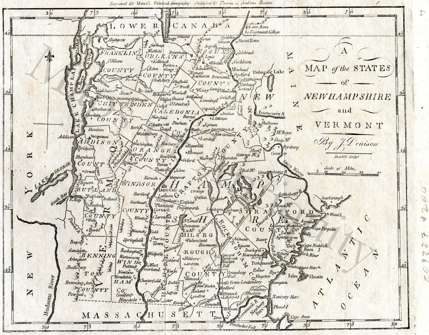 Black-and-White-Antique-Map-A-Map-of-the-States-of-New-Hampshire-and-Vermont-by-J.-Denison-New-Hampshire-Vermont-1796-Jedidiah-Morse/Doolittle-Maps-Of-Antiquity